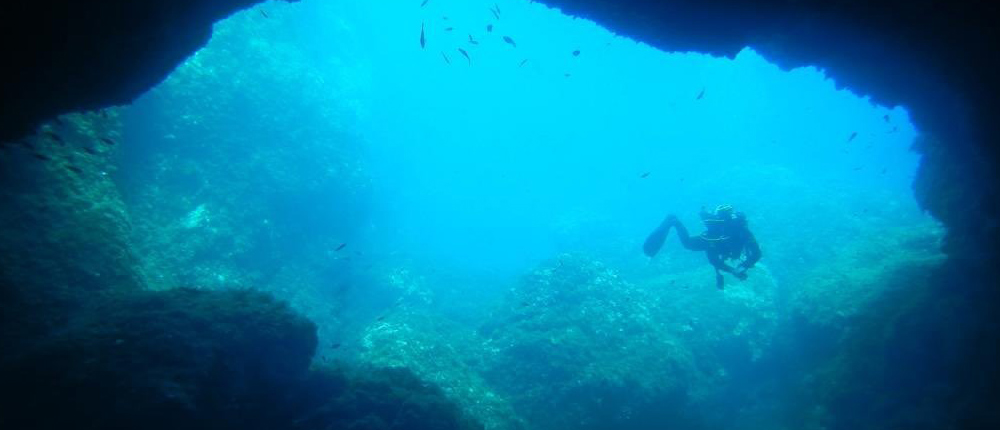 Persona sott'acqua che si cimenta in una delle escursioni biomarine nel Sulcis-Iglesiente nel sud ovest Sardegna